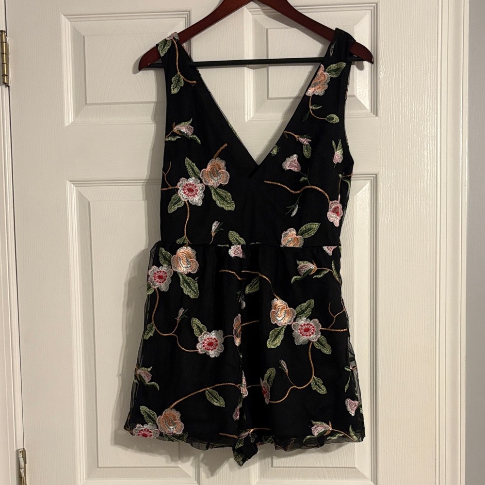 Urban Outfitters Black Floral Embroidered Romper